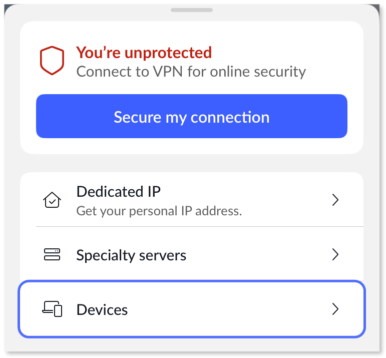 Selecting the "Devices" option in the connection menu.