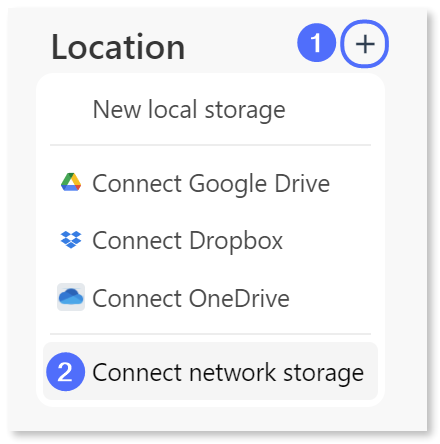 The Add (plus) button and "Connect to network storage" option highlighted.