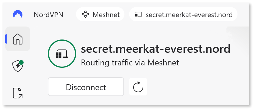 "Routing traffic via Meshnet" status being shown on the Dashboard tab.