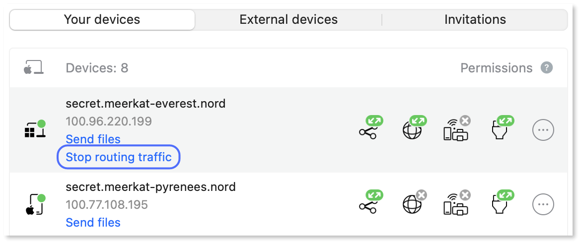 "Stop routing traffic" highlighted next to a Meshnet peer device.