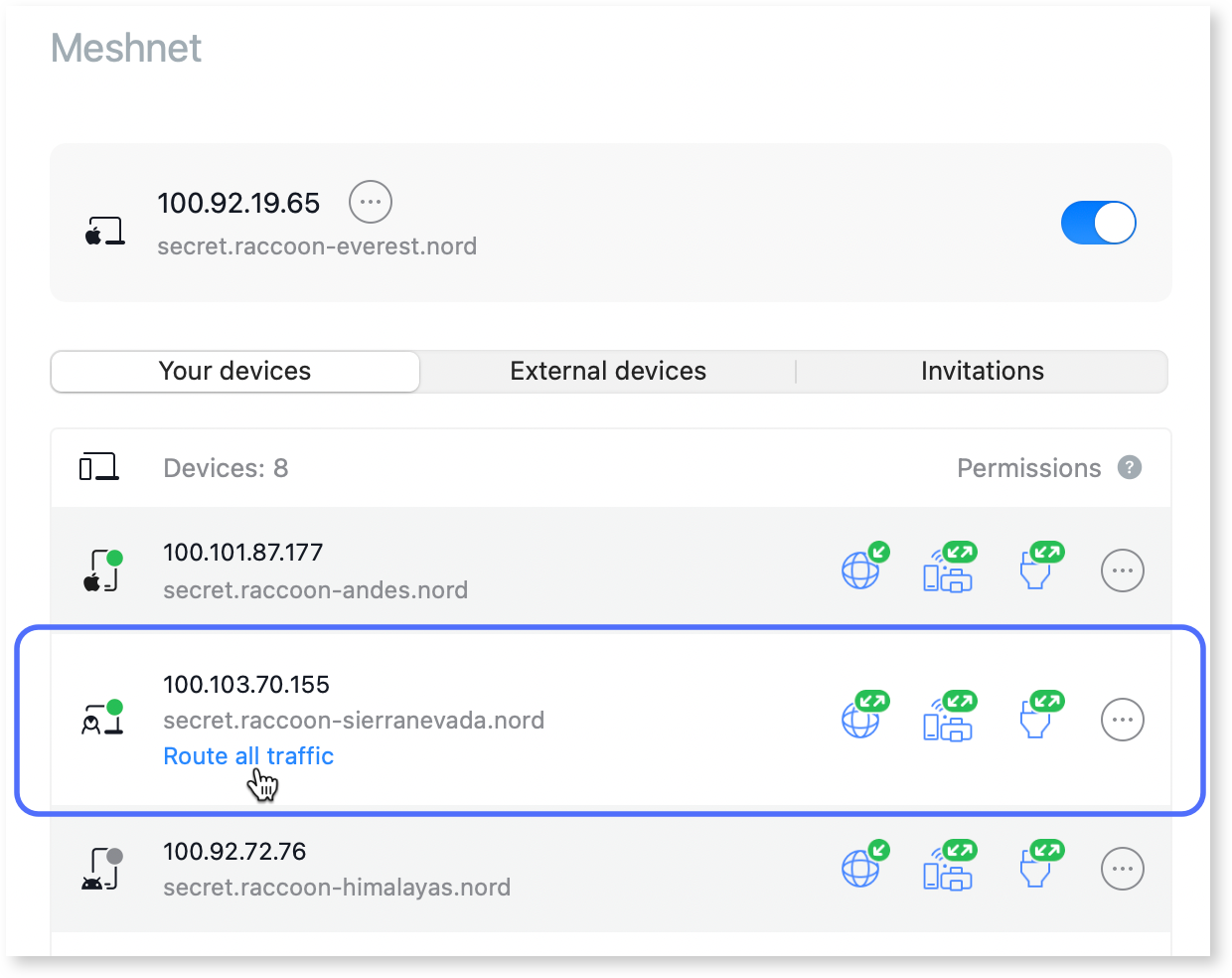 The VM set up is visible among Meshnet peer devices in the NordVPN app