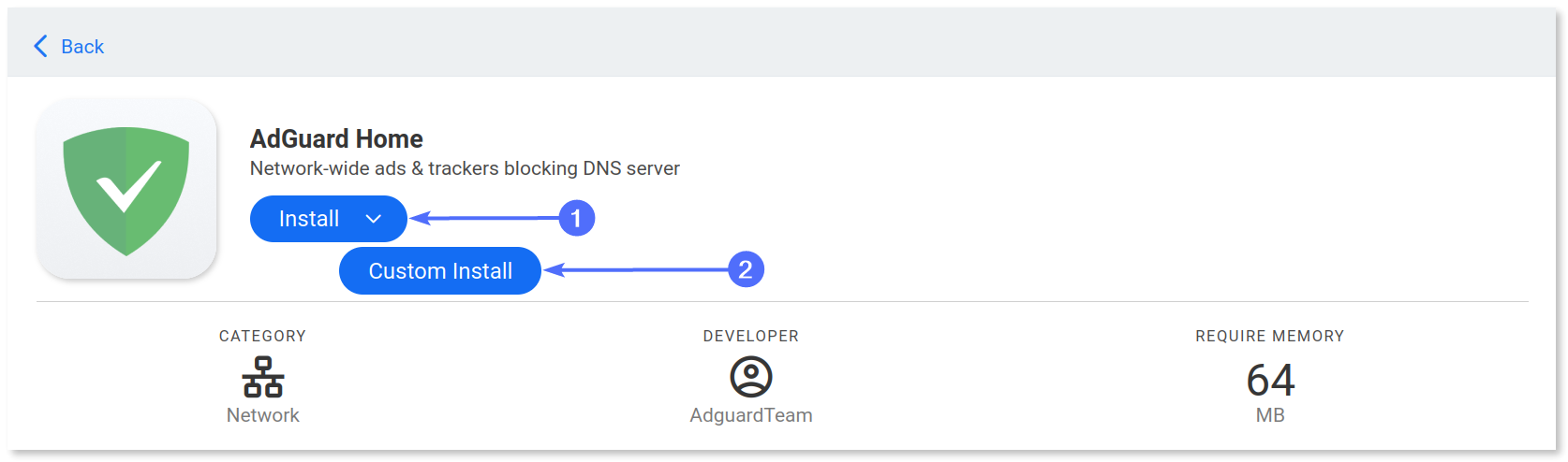 Arrows pointing to the dropdown menu icon and the "Custom install" button.