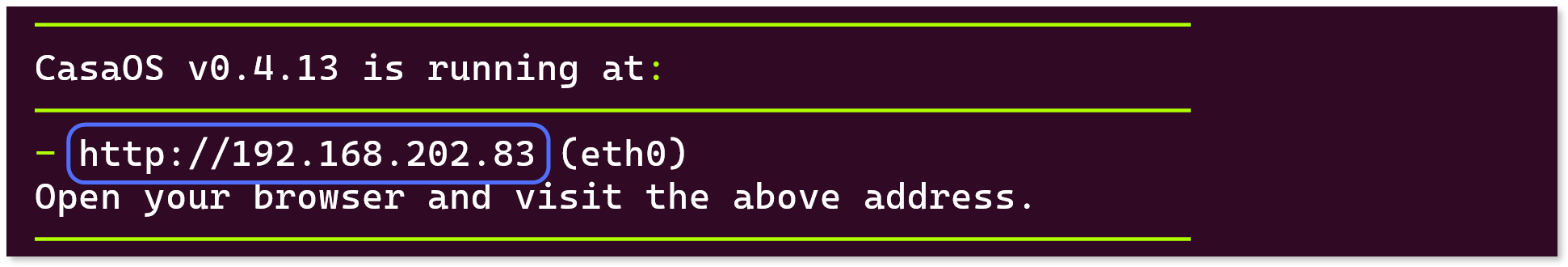 URL for accessing CasaOS web interface highlighted in the terminal.