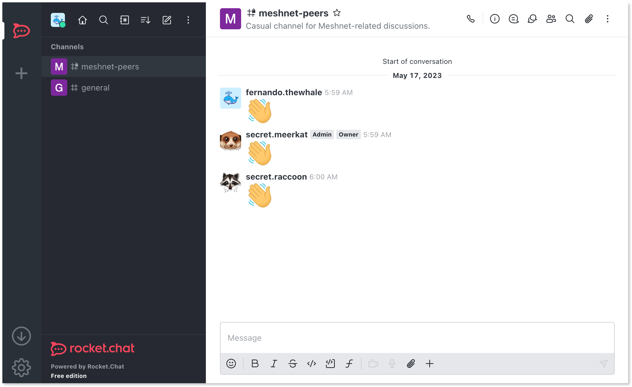 Channel opened in the Rocket.Chat client app.