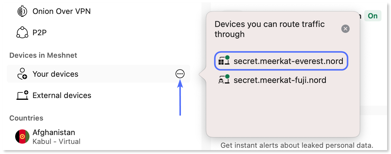 Selecting the traffic routing host device from the "Your devices" category in the connection menu.