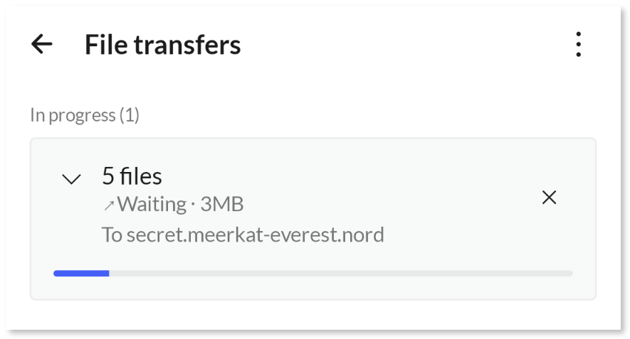 The 'File transfers' screen of the NordVPN app showing the pending outgoing transfer.