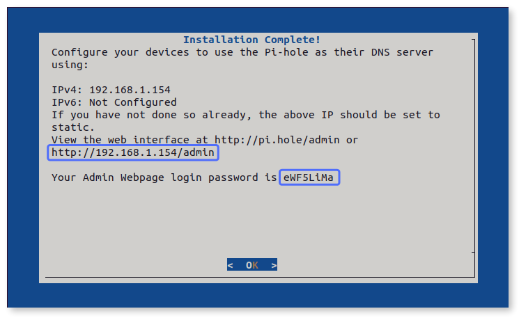 Pi-hole web UI address and password highlighted in the installation window.