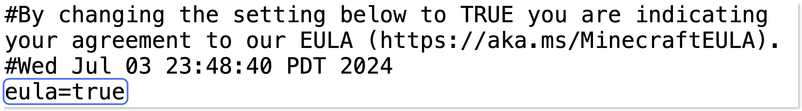 "eula=true" highlighted in a text editor.