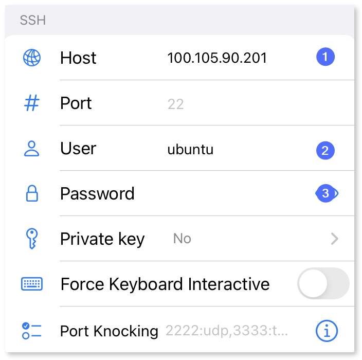 Remote device's details for SSH connection.