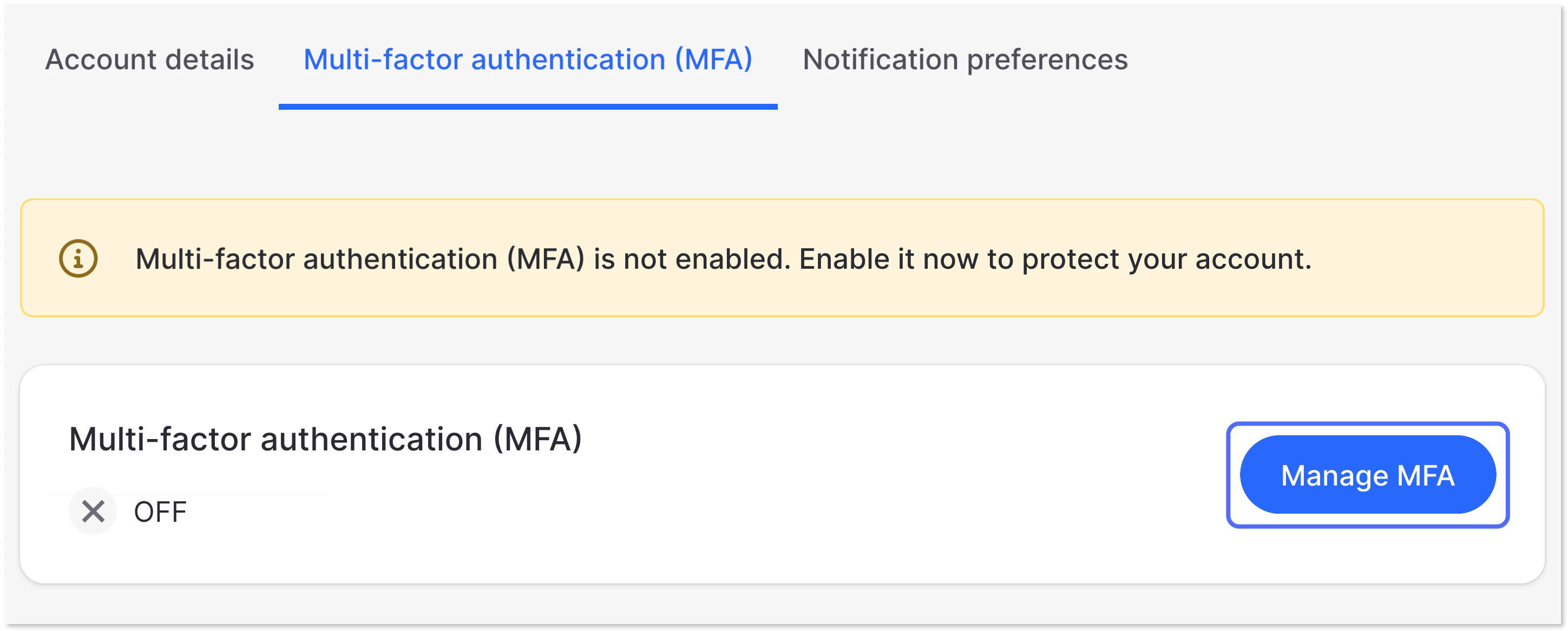 "Multi-factor authentication (MFA)" tab selected and the "Manage MFA" button highlighted.