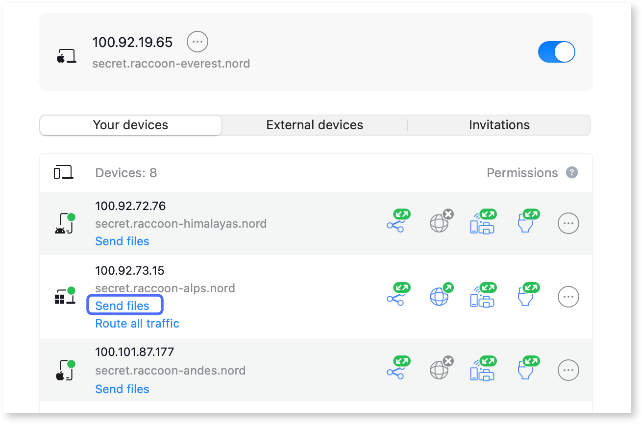 The send files button is available under one of the devices and highlighted