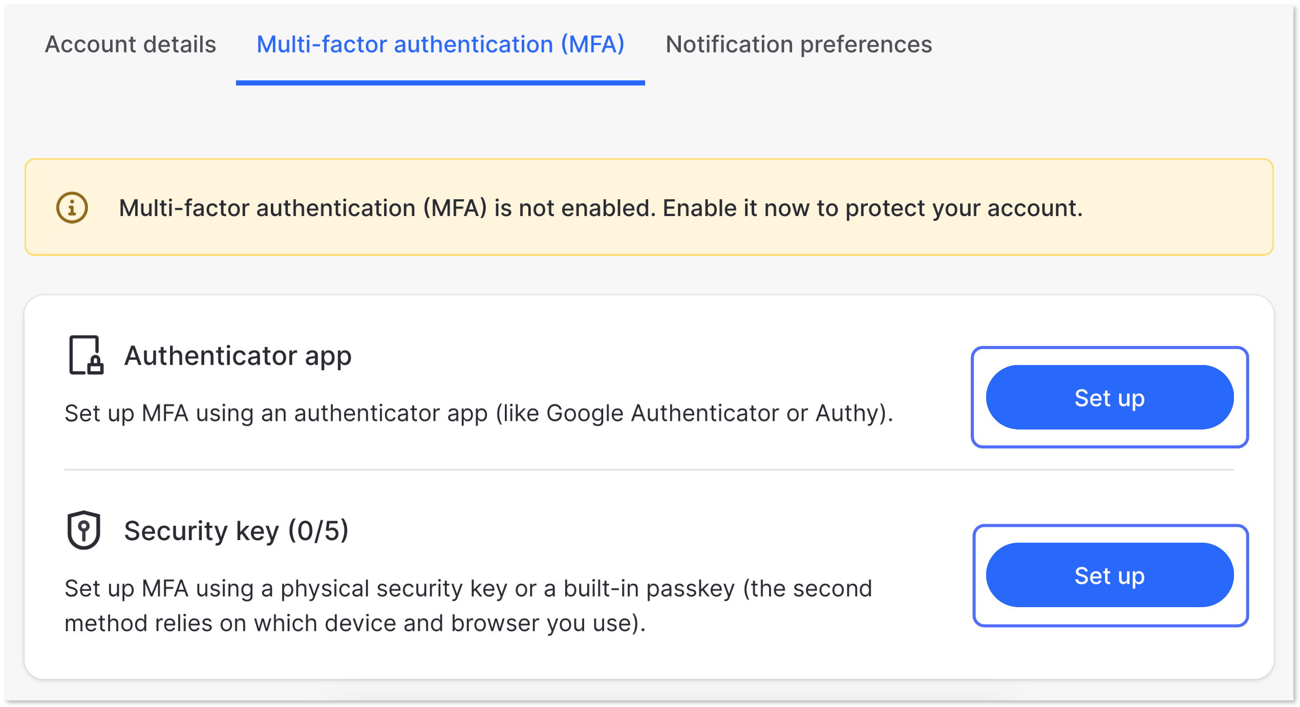 "Set up"  buttons highlighted next to both MFA options.