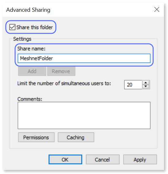 "Share this folder" checkbox selected and the "Share name" field highlighted.