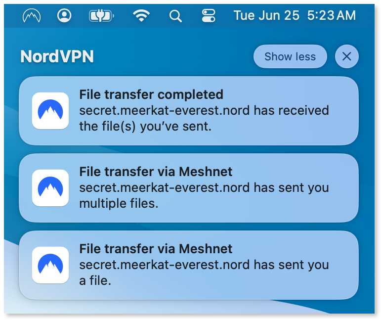 Various file transfer statuses are shown in Mac's Notification Center