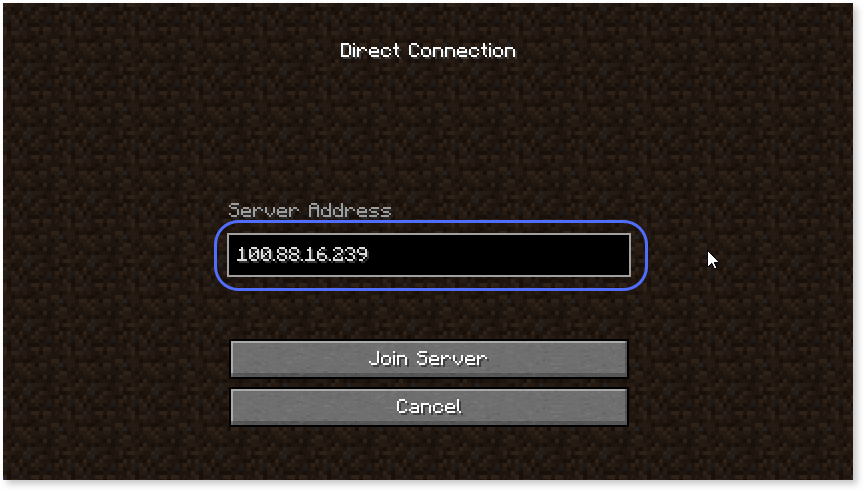 Meshnet IP address entered in the Server address field