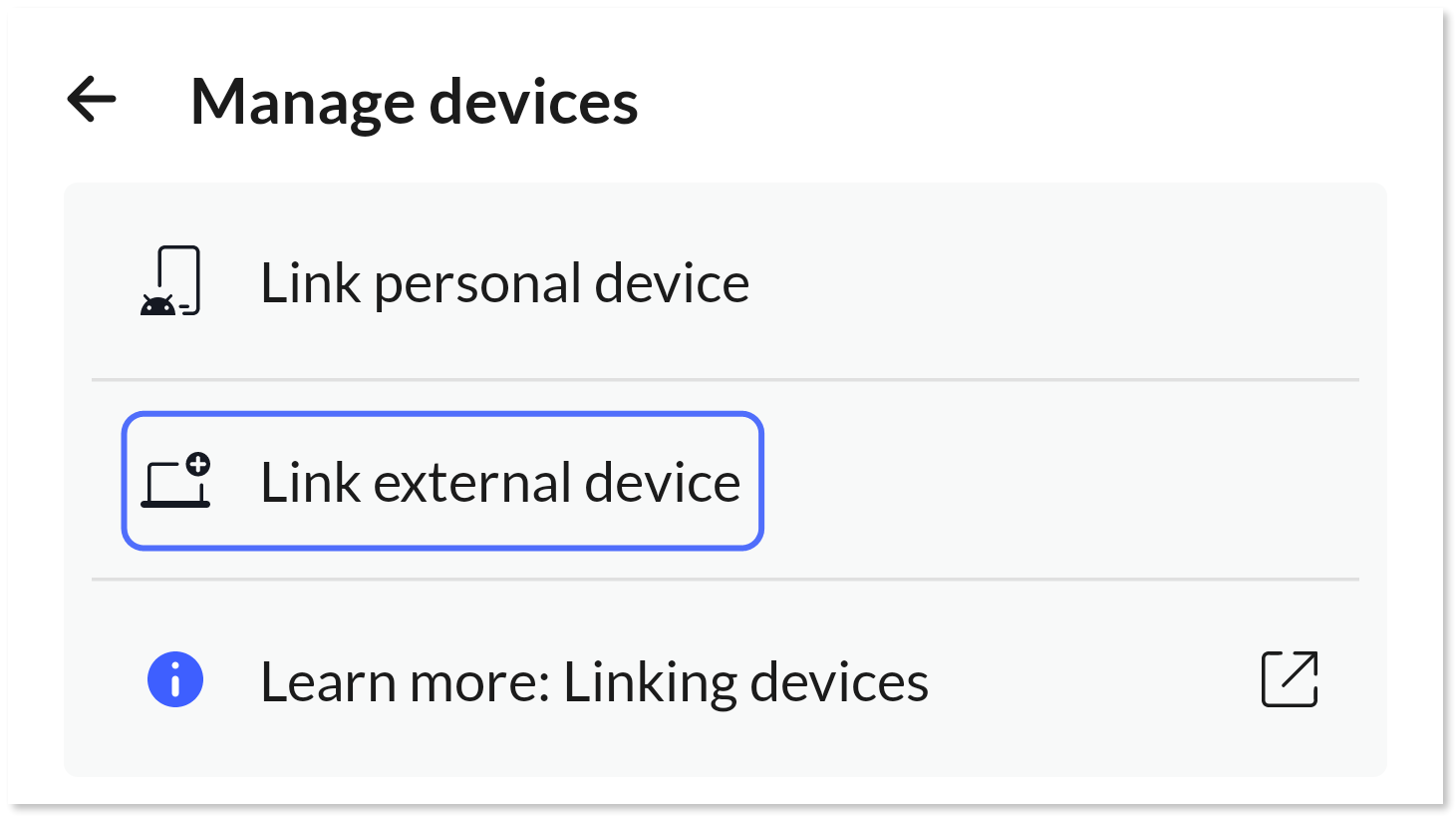 "Link external device" button highlighted.