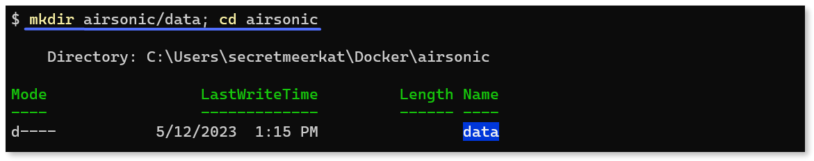 PowerShell output after creating the required directories and navigating to the 'airsonic' folder.