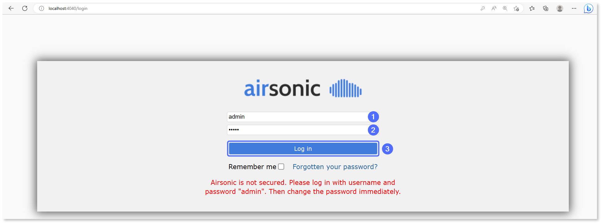 Logging in to the Airsonic web interface using the default credentials.