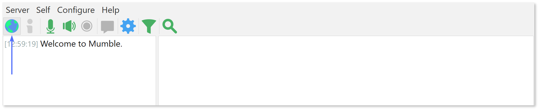 Clicking the 'Open the server connection dialog' button in the Mumble client.