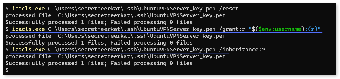 Running the given commands in PowerShell to change permissions for the SSH key file