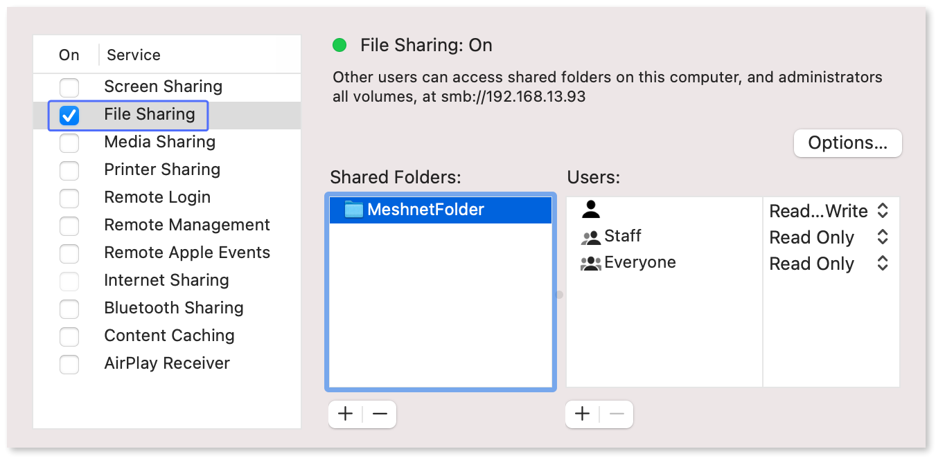File sharing settings