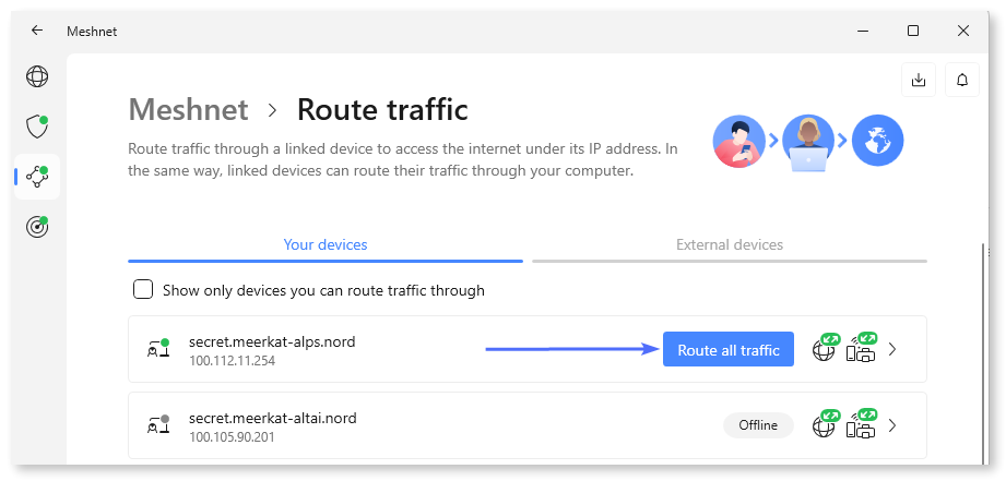 Clicking 'Route all traffic'