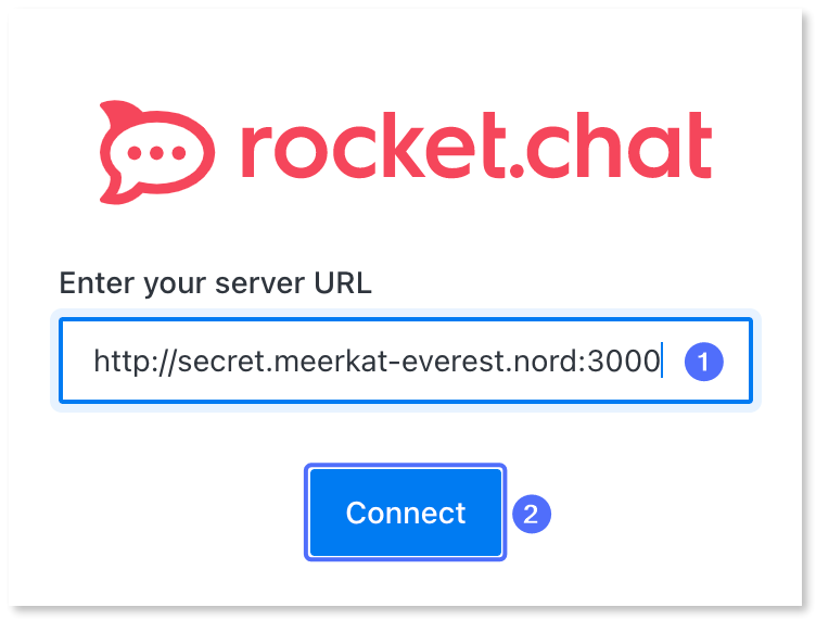 Entering the server address and clicking connect in the Rocket.Chat client app.