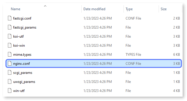 nginx.conf file highlighted in the NGINX folder.