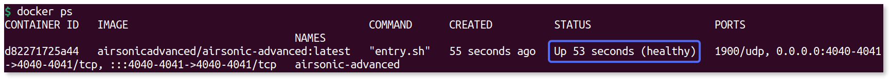 Output of the 'docker ps' command showing that the Airsonic container is active.