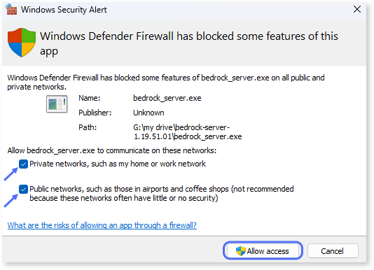 Windows Defender firewall message