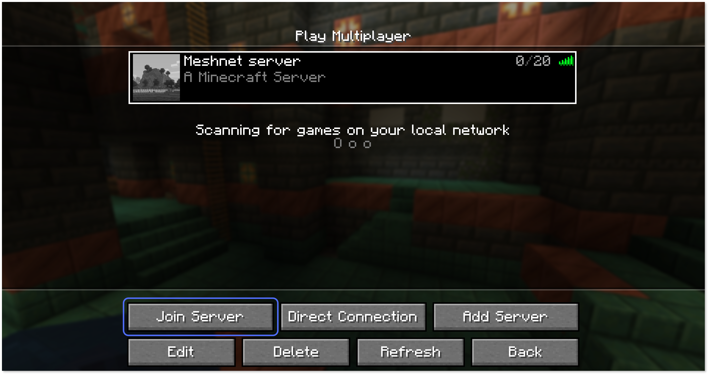 "Meshnet server" selected and the "Join server" button highlighted.