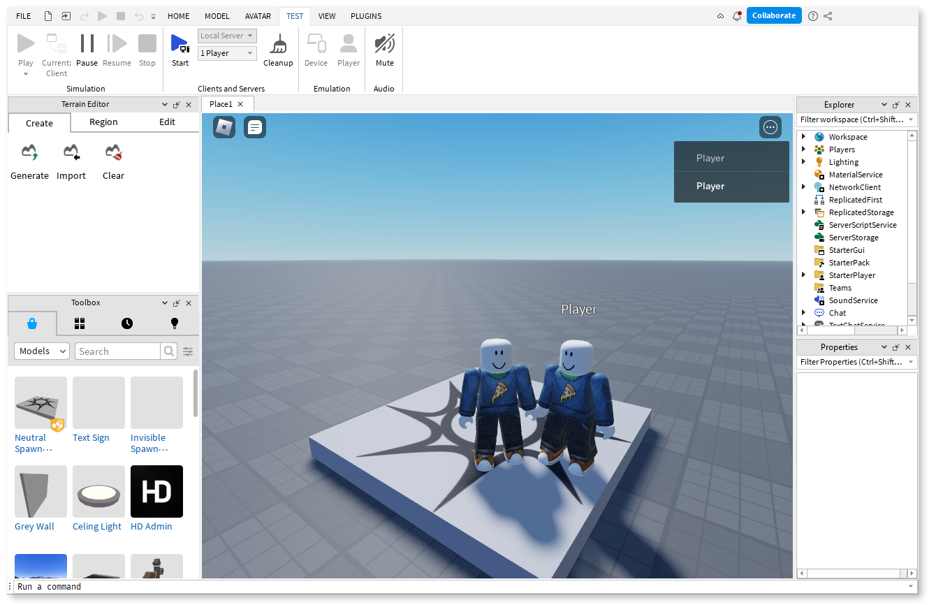 Active game session with two players in Roblox Studio