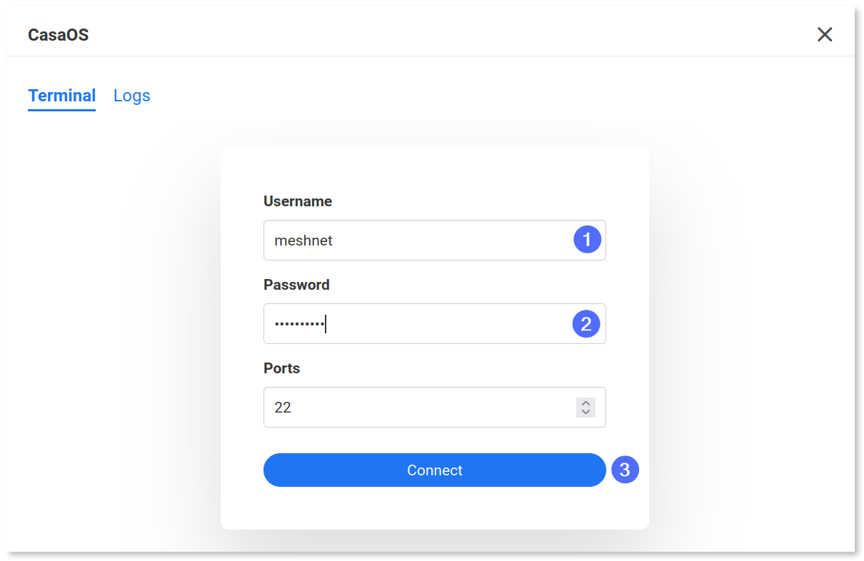 Username and password of the CasaOS server filled in.