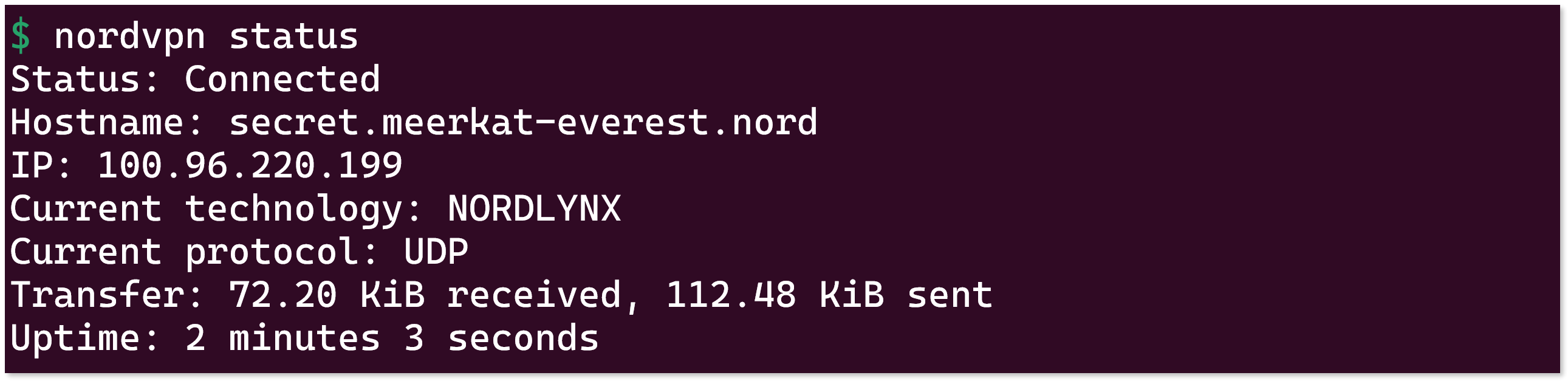 Terminal output of the 'nordvpn status' command indicating an active traffic routing connection.