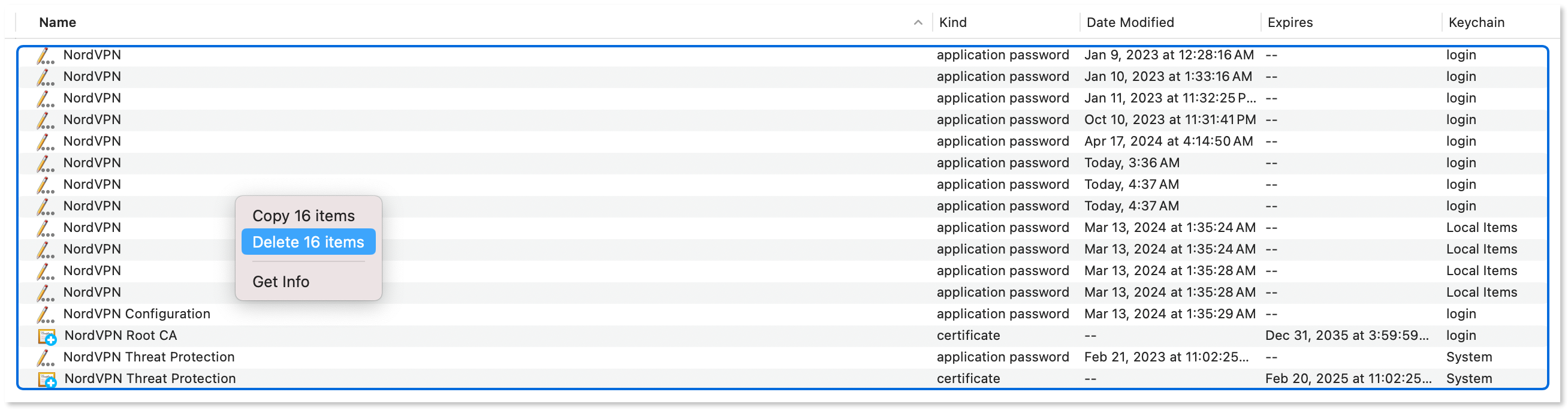 "Delete items" entry selected from the right-click menu.