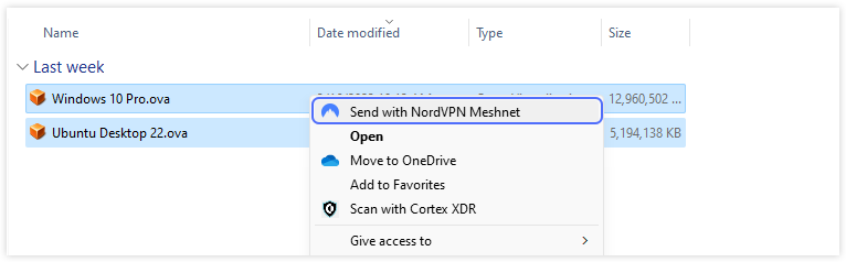 Pointing to the Send with NordVPN Meshnet command 