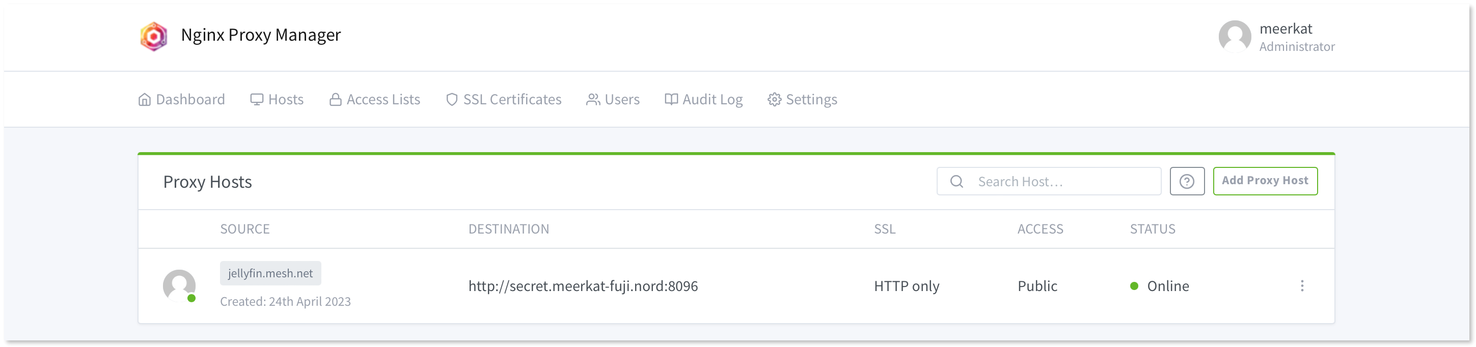 A new entry visible in the Proxy hosts table in the NPM dashboard.