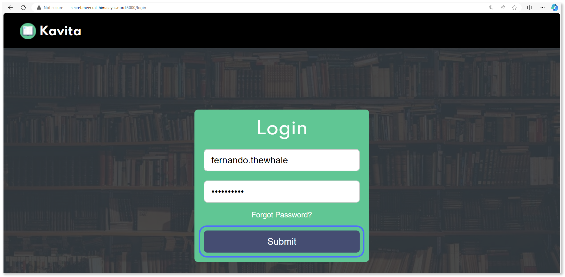 "Submit" button highlighted on the Kavita login page.