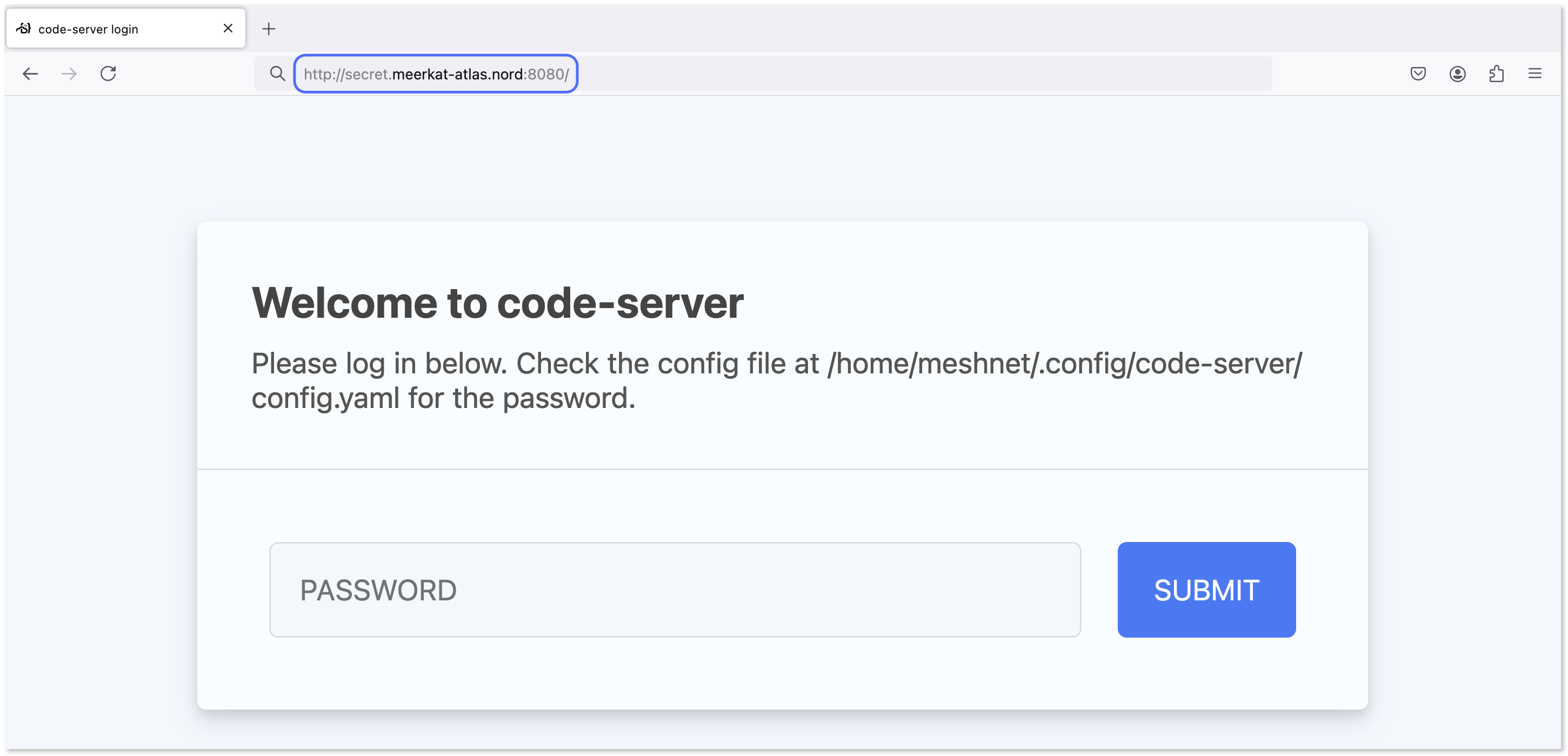 The code-server login screen after entering the Nord name and port 8080 to the internet browser