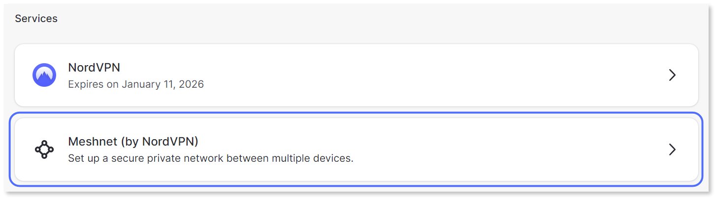 "Meshnet (by NordVPN)" card highlighted.
