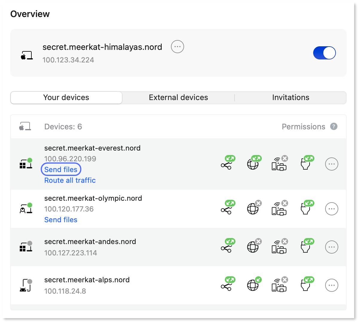 The send files button is available under one of the devices and highlighted