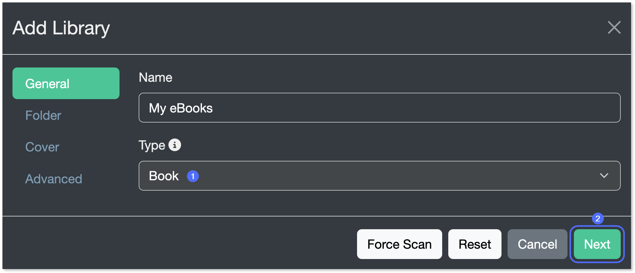 "Book" type selected and "Next" button highlighted.