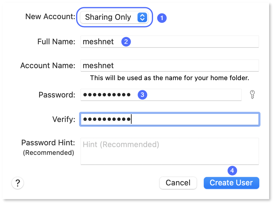 New account creation window with filled in details.