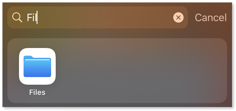 Typing Files in the serch bar with the Files app displayed among the search results 