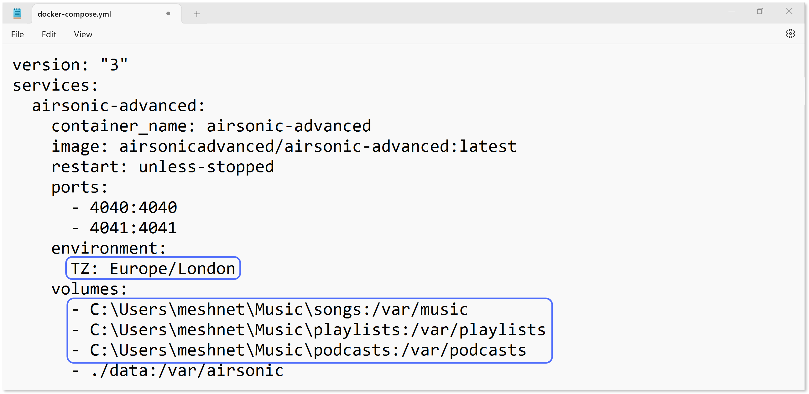Example Docker Compose file for Airsonic on Windows.