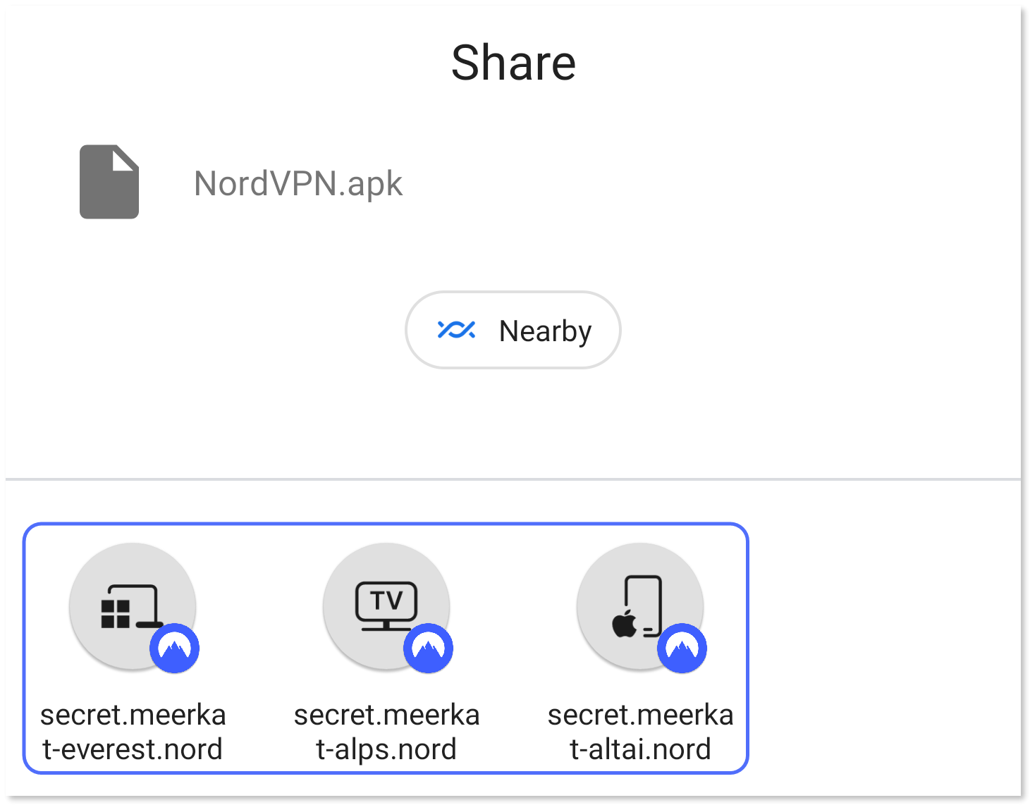 Meshnet peers highlighted in the Android sharing menu.
